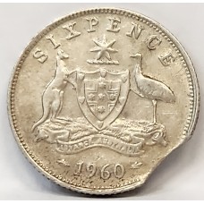 AUSTRALIA 1960 . SIXPENCE . ERROR . CLIPPED PLANCHET . BITTEN EDGE